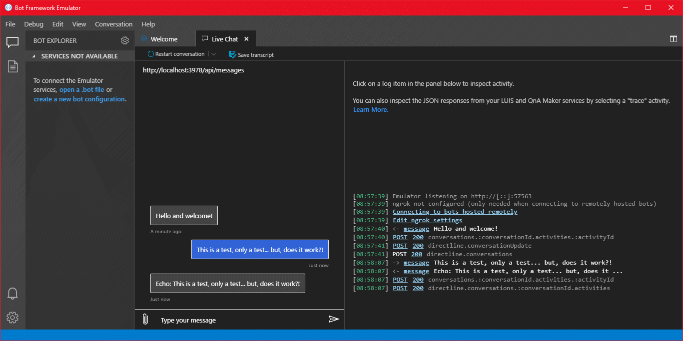 Bot Framework Emulator Captura de tela mostrando o Bot Framework Emulator.