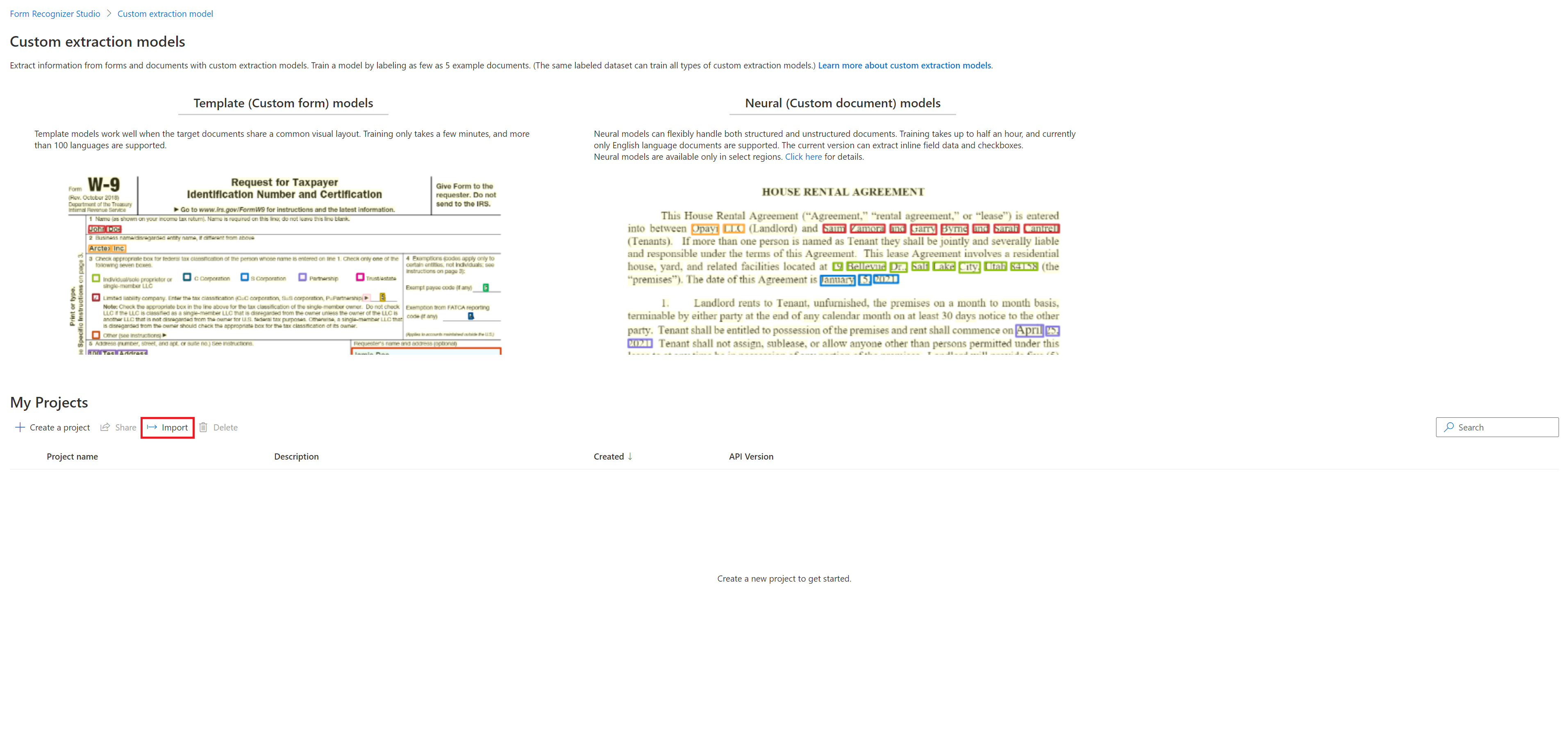 Captura de tela da página Selecionar importação na página do modelo de extração personalizado.