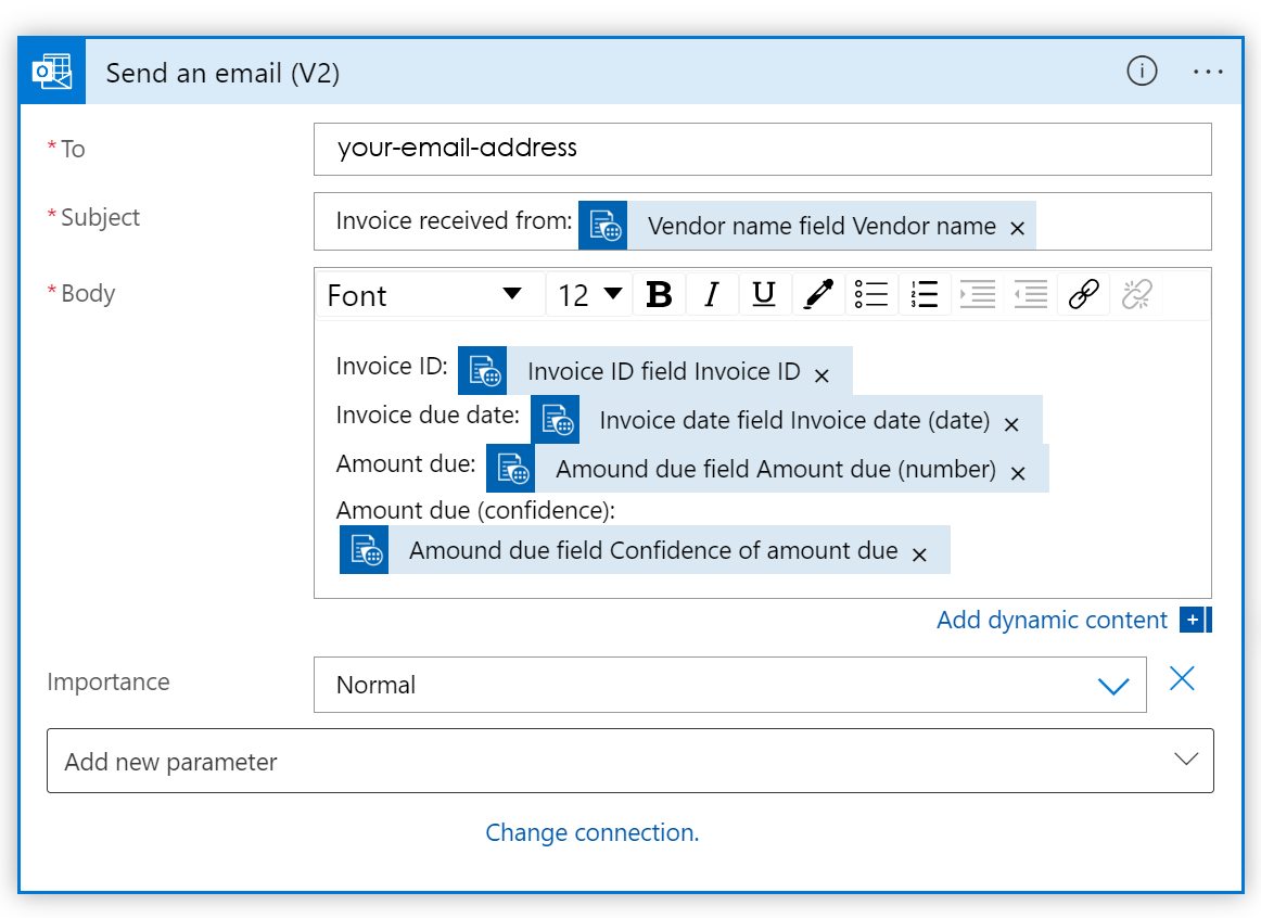 Captura de tela dos campos completos do Outlook.