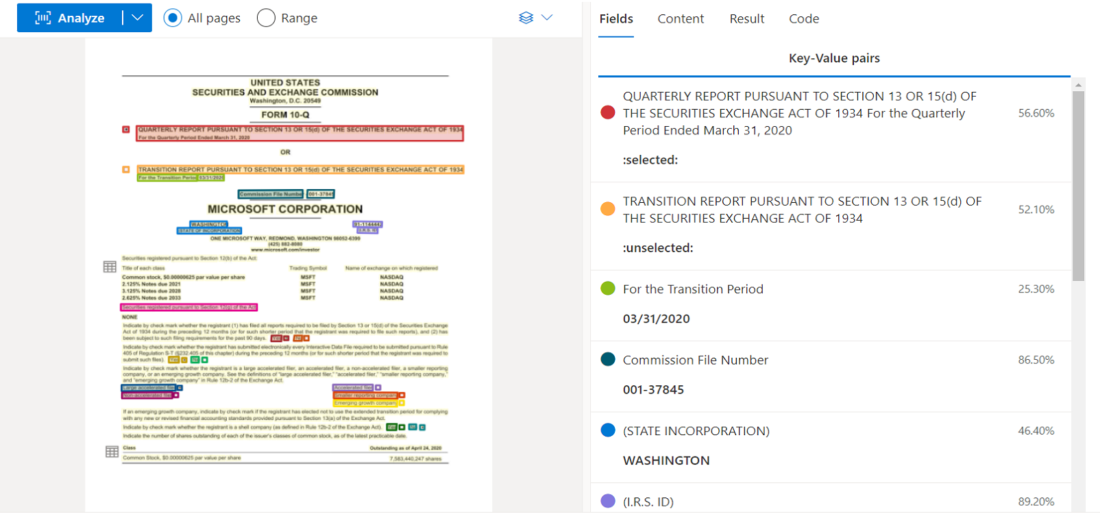 Captura de tela da Análise geral do modelo de documento usando o Estúdio de Informação de Documentos.