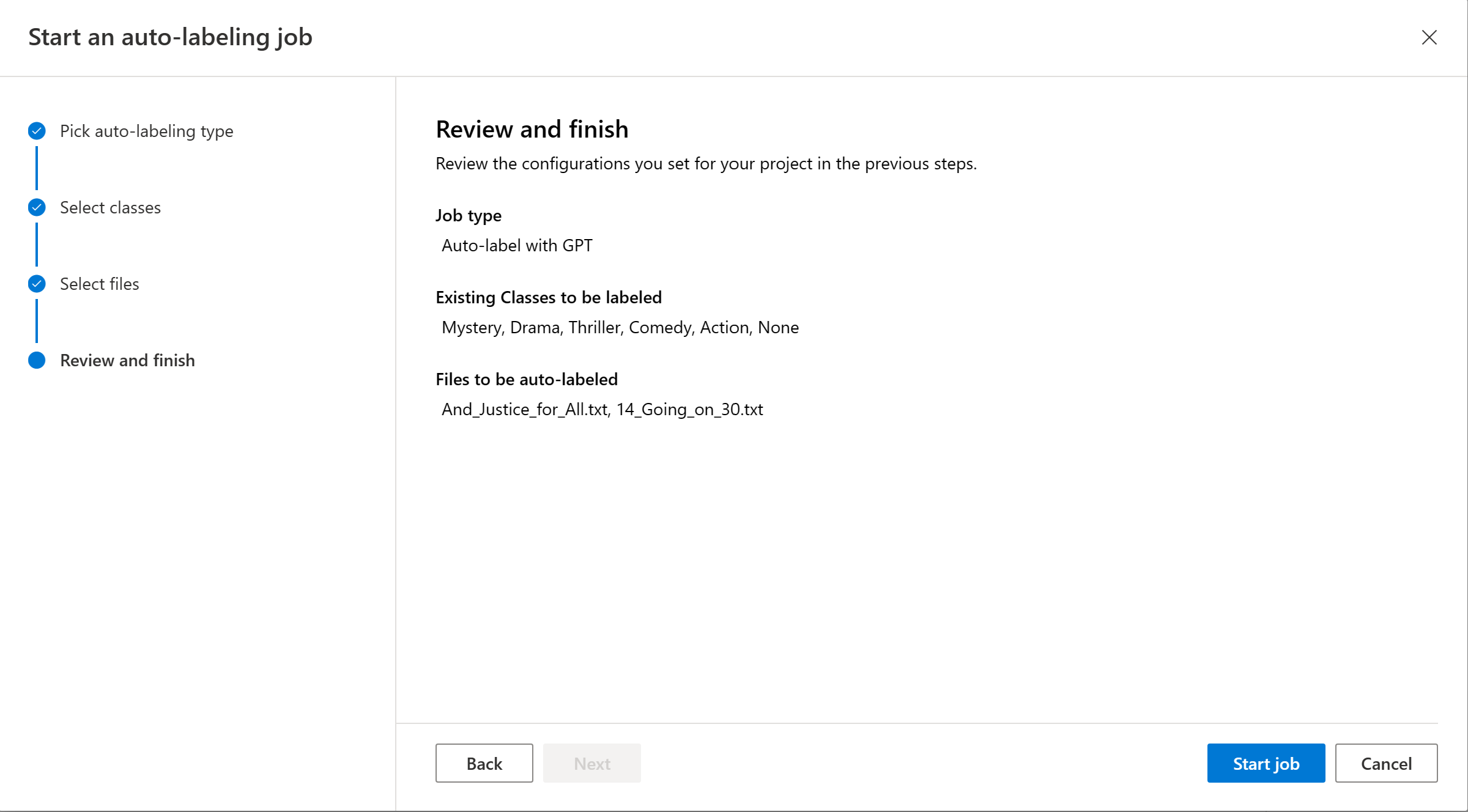 Uma captura de tela mostrando a tela de revisão de um trabalho de marcação automática.