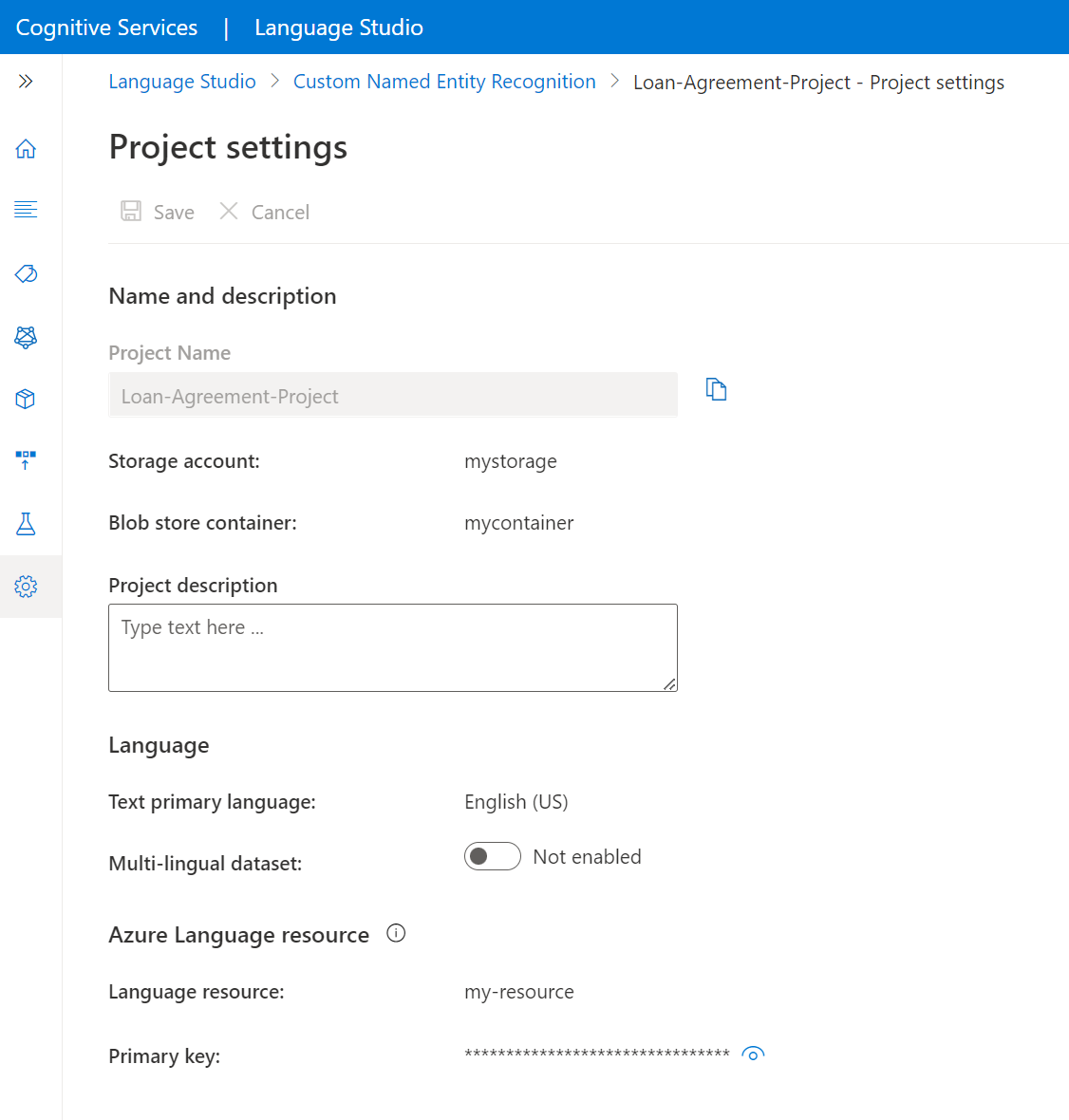 Captura de tela da página de configurações do projeto no Language Studio.