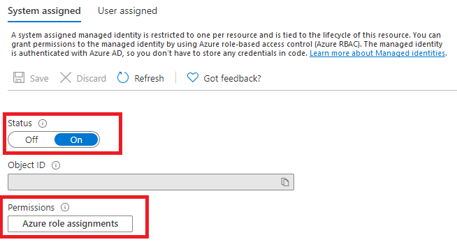 Captura de tela mostrando a habilitação da identidade gerenciada atribuída pelo sistema no portal do Microsoft Azure.