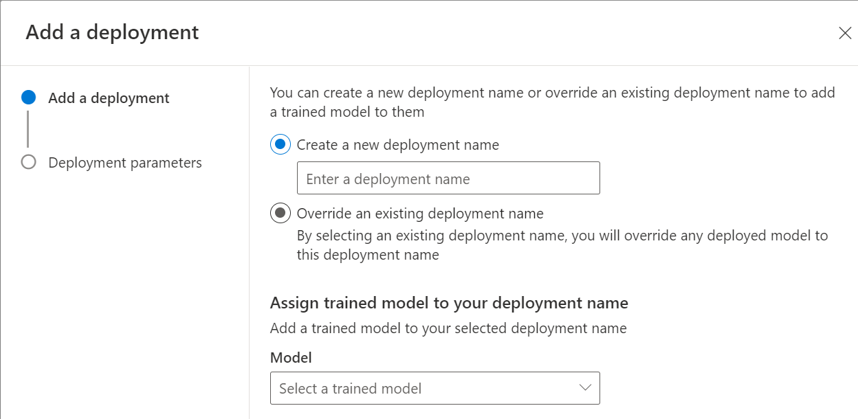 Captura de tela que mostra a tela para adicionar uma nova implantação no Language Studio.