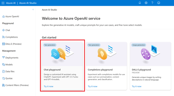 Uma captura de tela mostrando o playground de chat no estúdio do OpenAI do Azure.