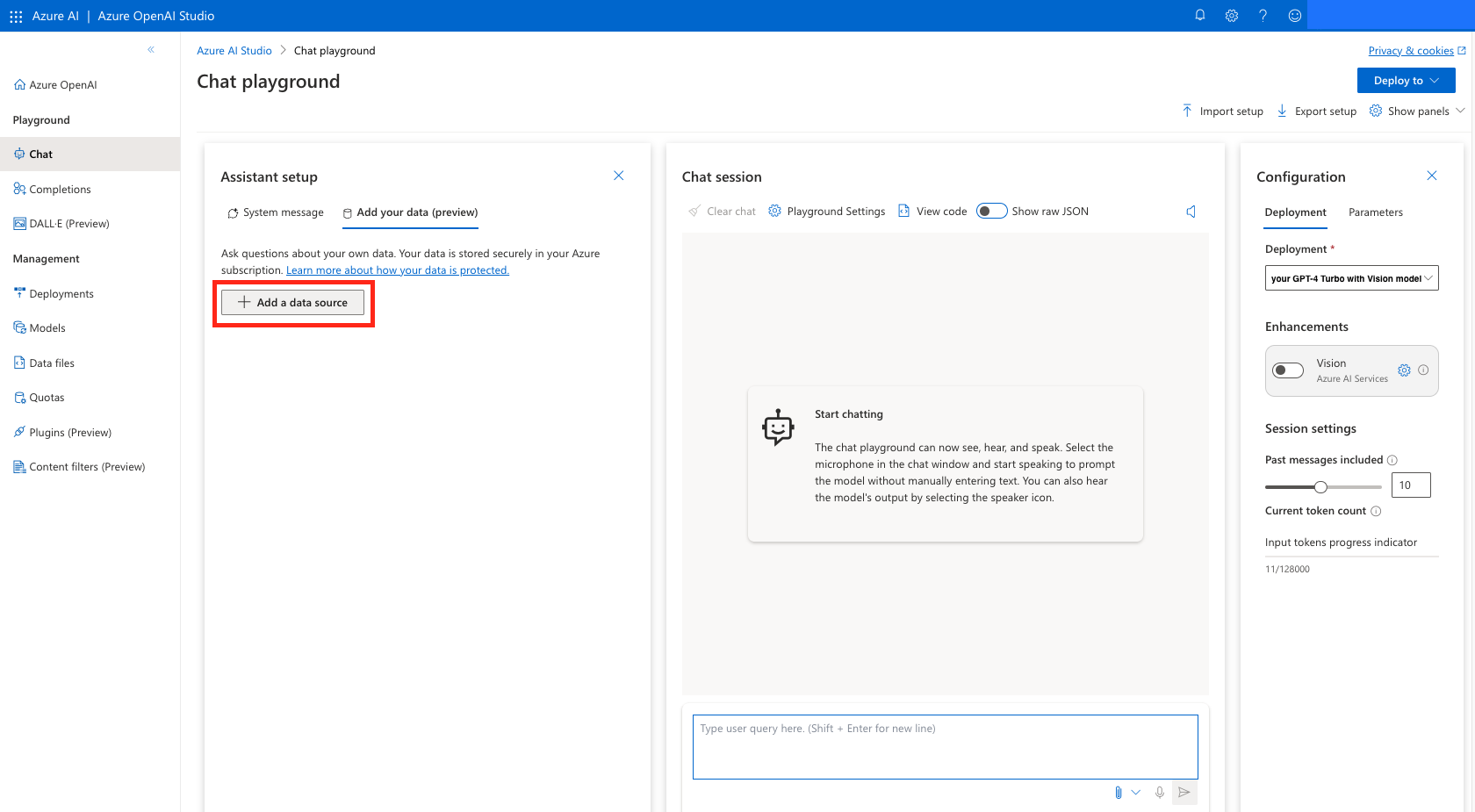 Uma captura de tela mostrando o botão para adicionar seus dados no Estúdio de OpenAI do Azure.