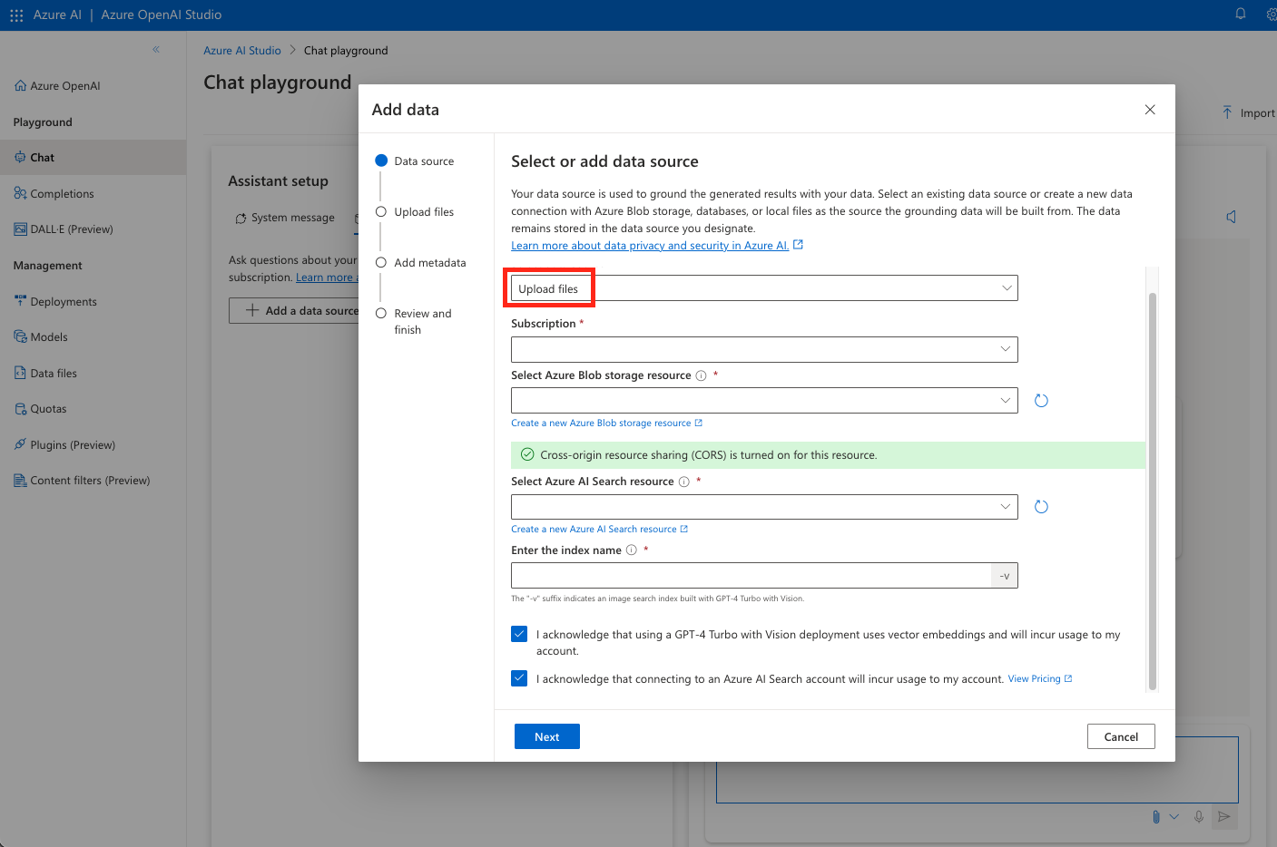 Uma captura de tela mostrando os campos concluídos do Armazenamento de Blobs do Azure.