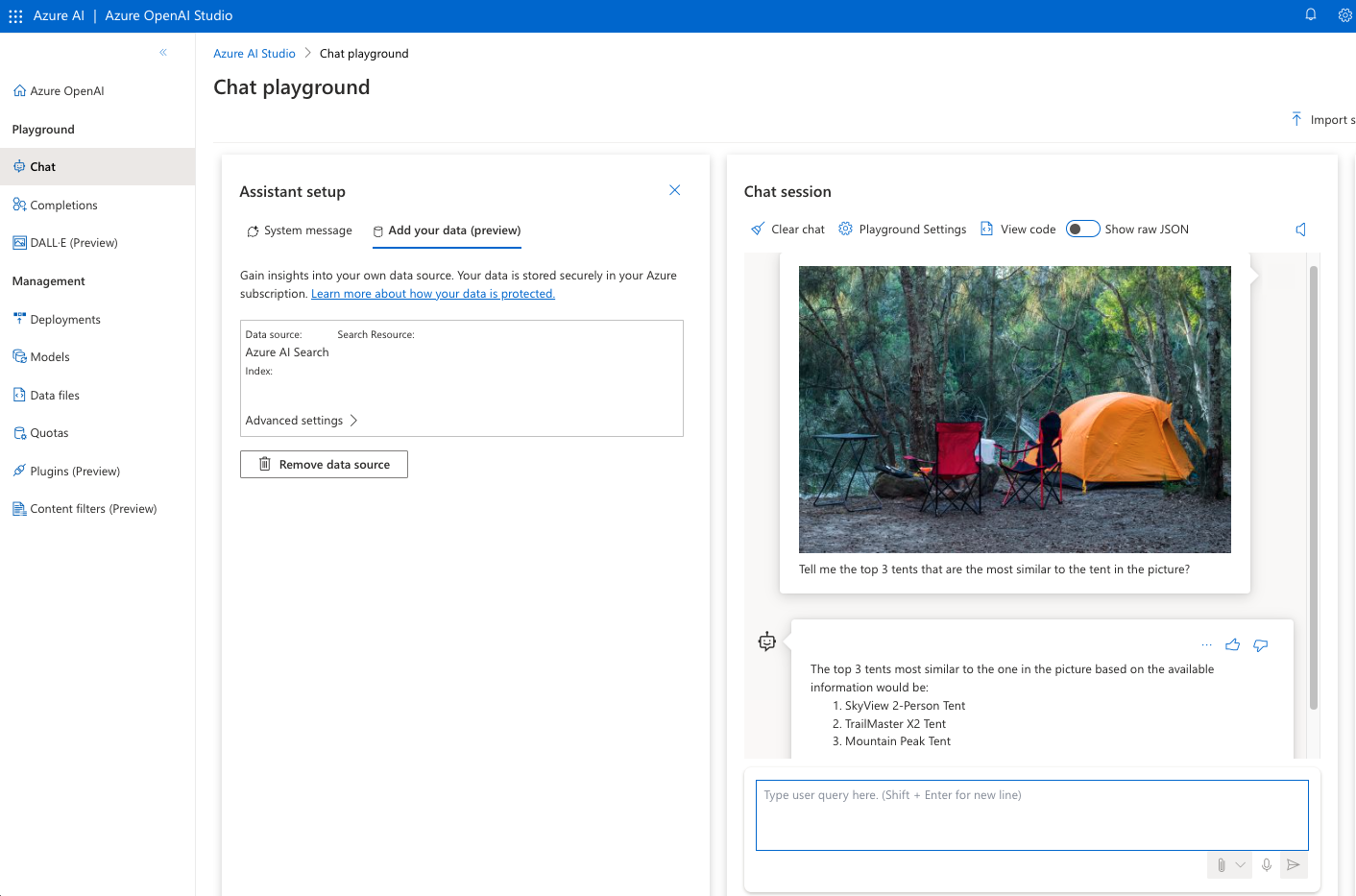 Uma captura de tela mostrando um exemplo de chat com a imagem da tenda.