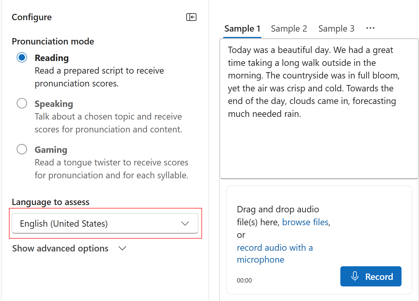 Screenshot of choosing a supported language on reading tab that you want to evaluate the pronunciation.