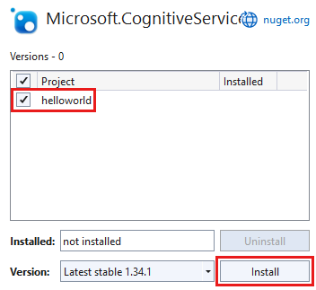 Captura de tela que mostra o pacote Microsoft.CognitiveServices.Speech selecionado, com o projeto e o botão Instalar em destaque.