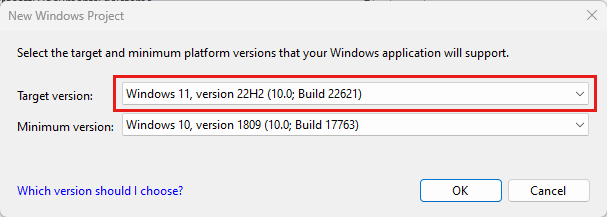 Captura de tela que mostra a caixa de diálogo Novo Projeto da Plataforma Universal do Windows com as versões mínima e de destino selecionadas.