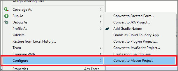 Captura de tela do Package Explorer e os comandos para converter em um projeto Maven.