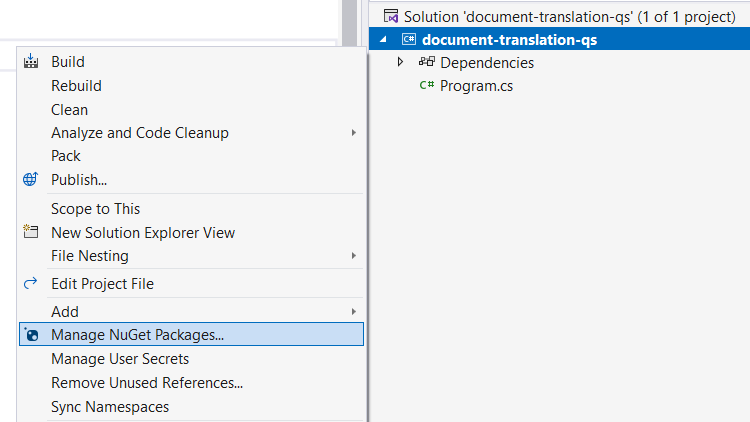 Screenshot of select NuGet package window in Visual Studio.