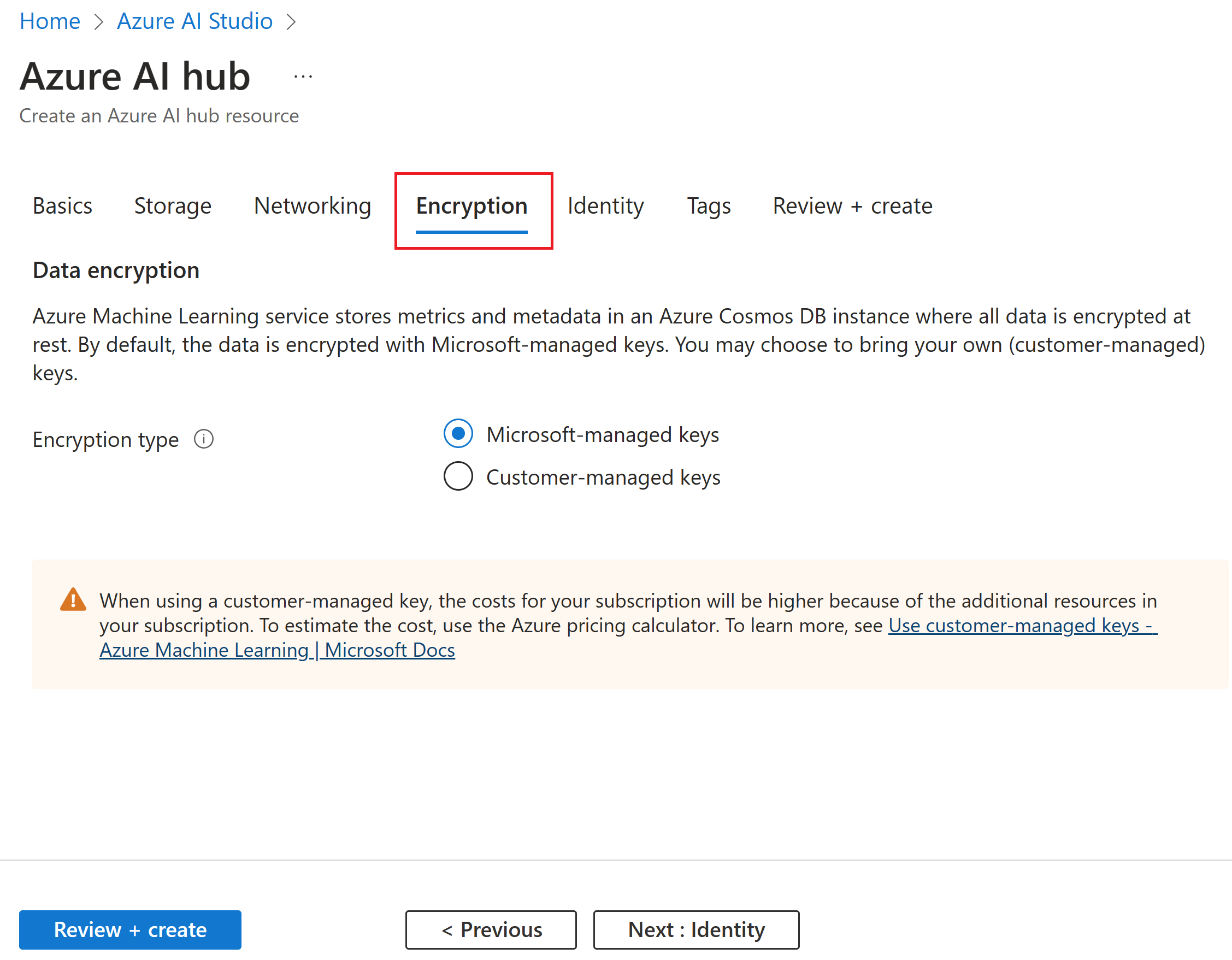 Captura de tela de Criar um hub com a opção de selecionar o tipo de criptografia.