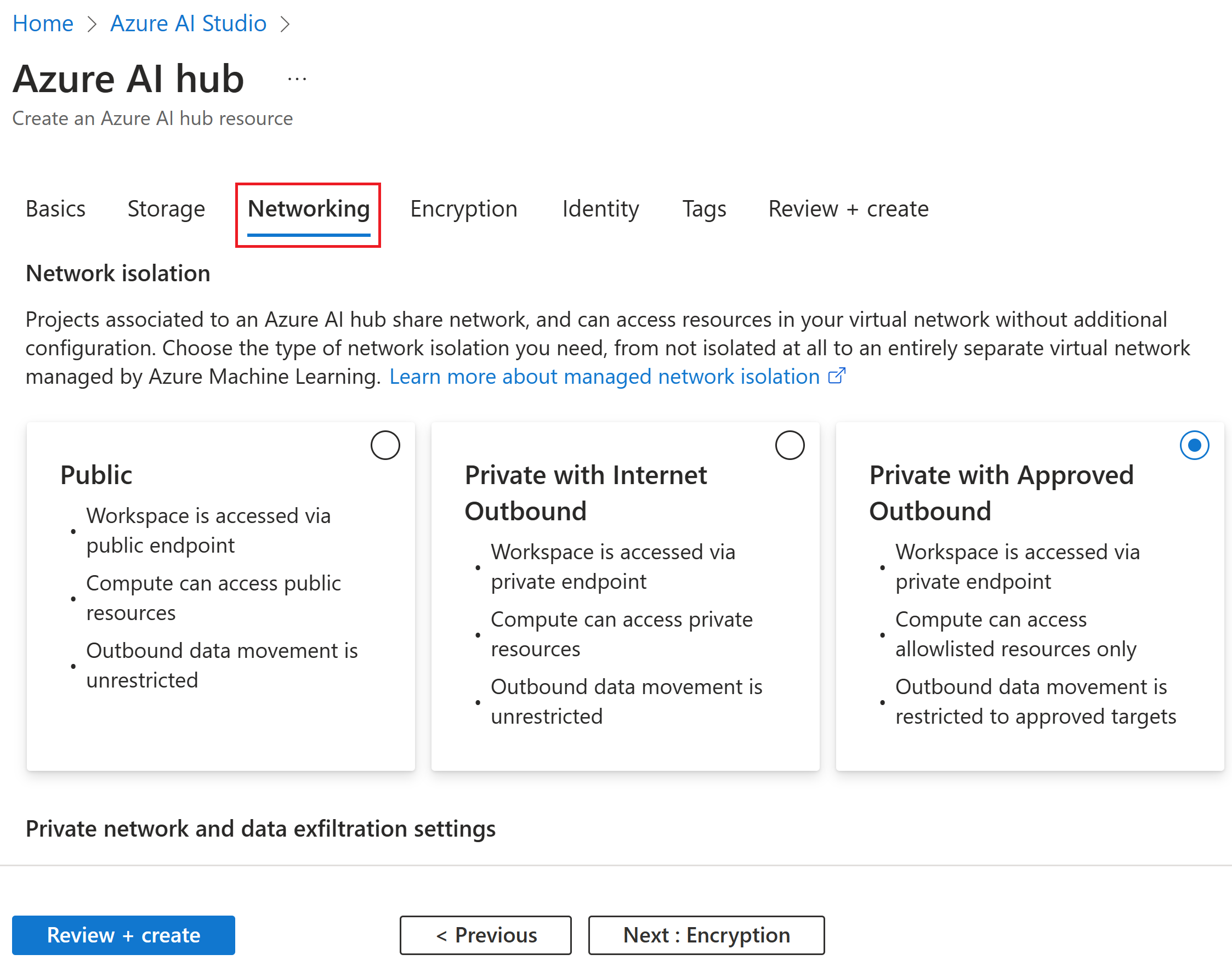 Captura de tela de Criar um hub com a opção de definir informações de isolamento de rede.