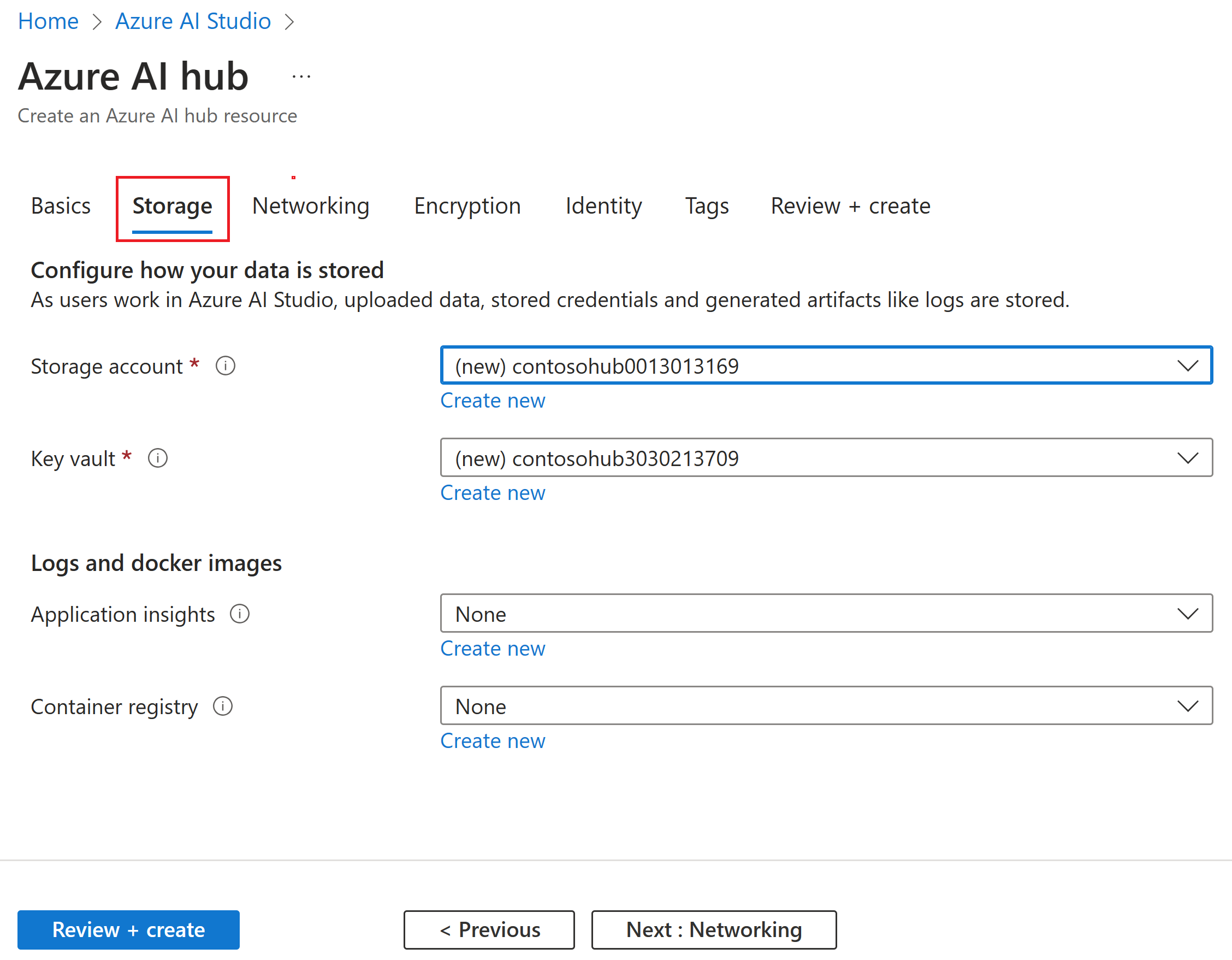 Captura de tela de Criar um hub com a opção de definir informações de recursos de armazenamento.