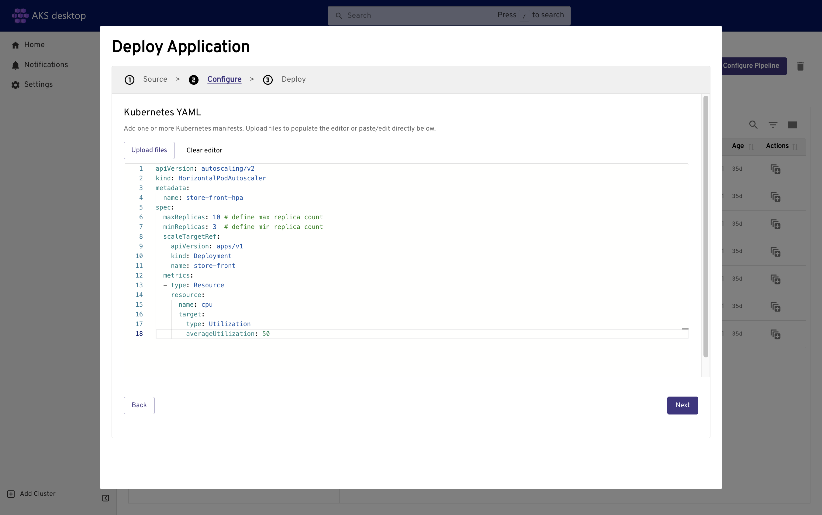 Captura de tela que mostra a colagem na configuração do YAML.