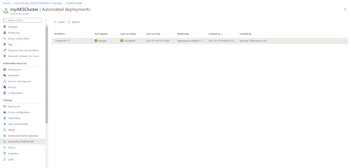 The history screen in Azure portal, showing all the previous automated deployments.