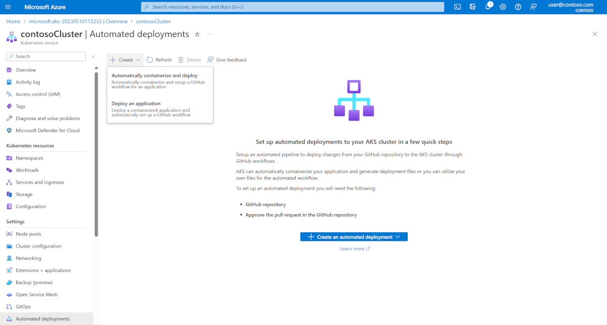 The automated deployments screen in the Azure portal. 'Create' has been selected, showing the options for already containerized applications and applications that aren't yet containerized.