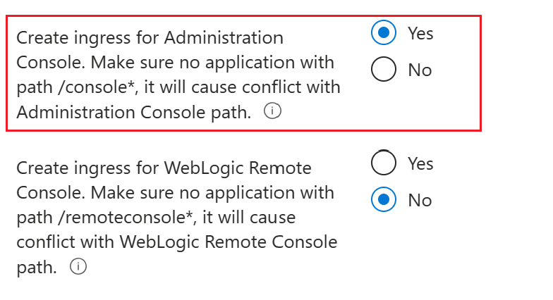 Captura de tela do portal do Azure que mostra a configuração do Controlador de Entrada do Gateway de Aplicativo na página Criar Oracle WebLogic Server no Serviço de Kubernetes do Azure.