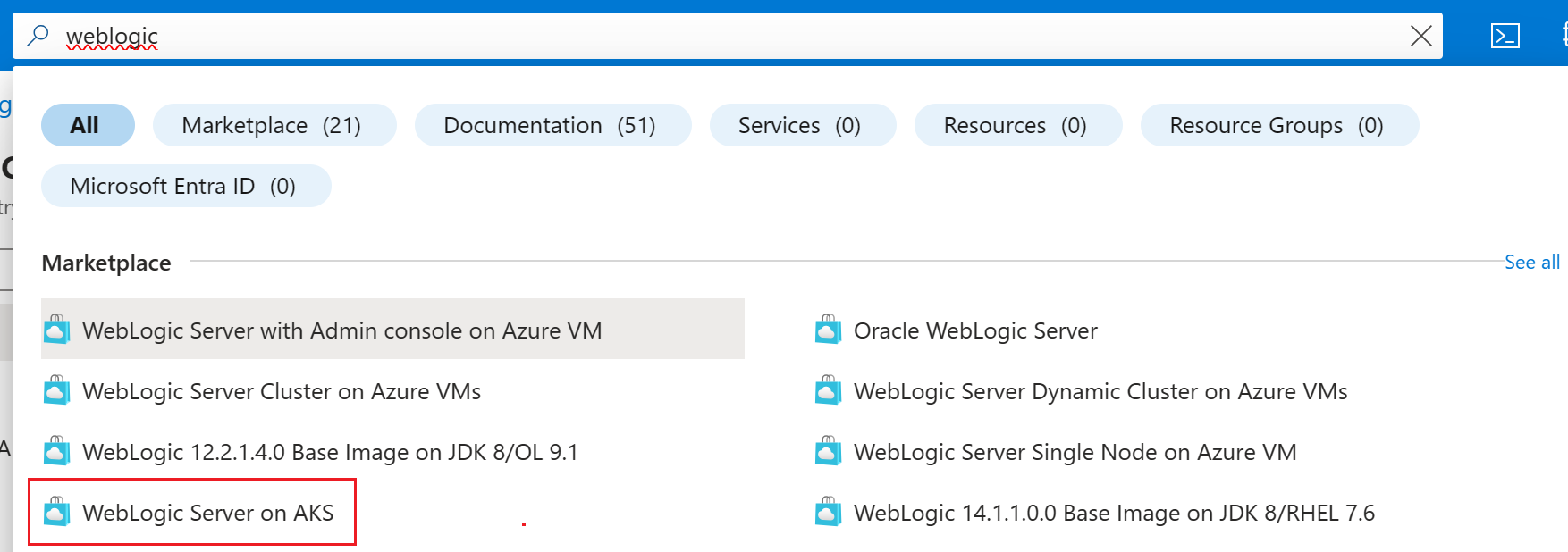Captura de tela do portal do Azure mostrando o WebLogic Server nos resultados da pesquisa.