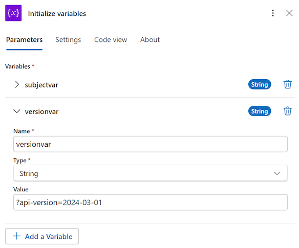 Screenshot de inicialização da variável versionvar no Azure portal.