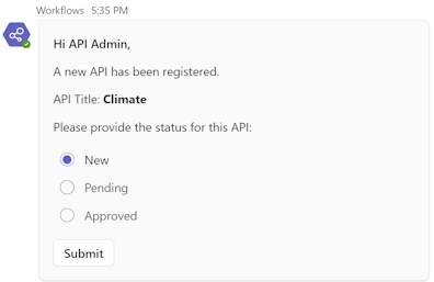 Captura de tela do cartão adaptativo do fluxo de trabalho no Microsoft Teams.