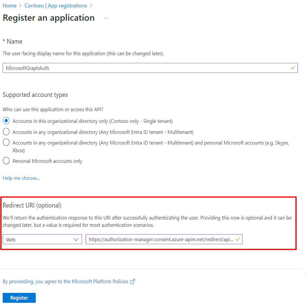 Captura de tela da criação de um registro de aplicativo do Microsoft Entra no portal.