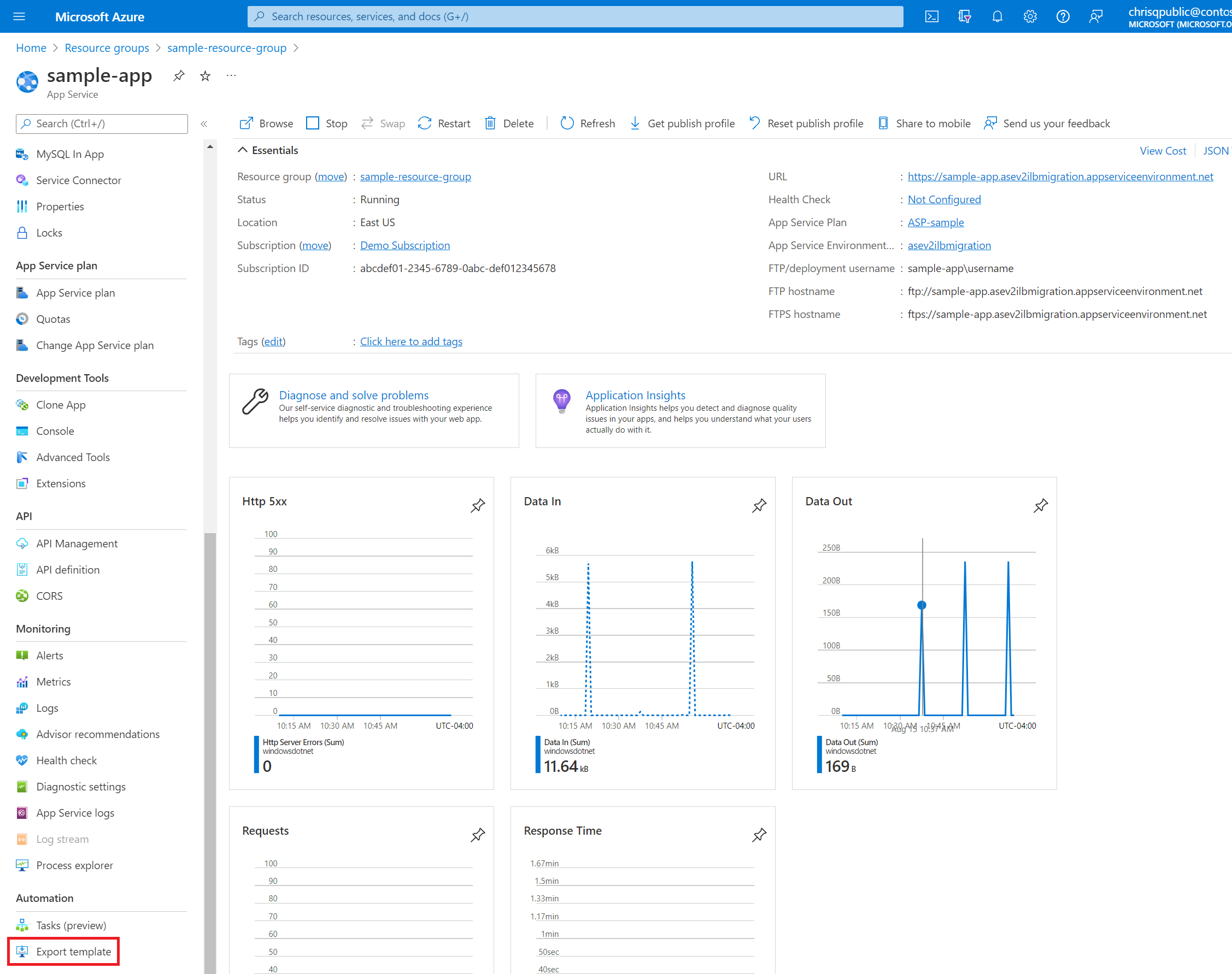 Screenshot of the option to export a template on the left pane of the Azure portal.