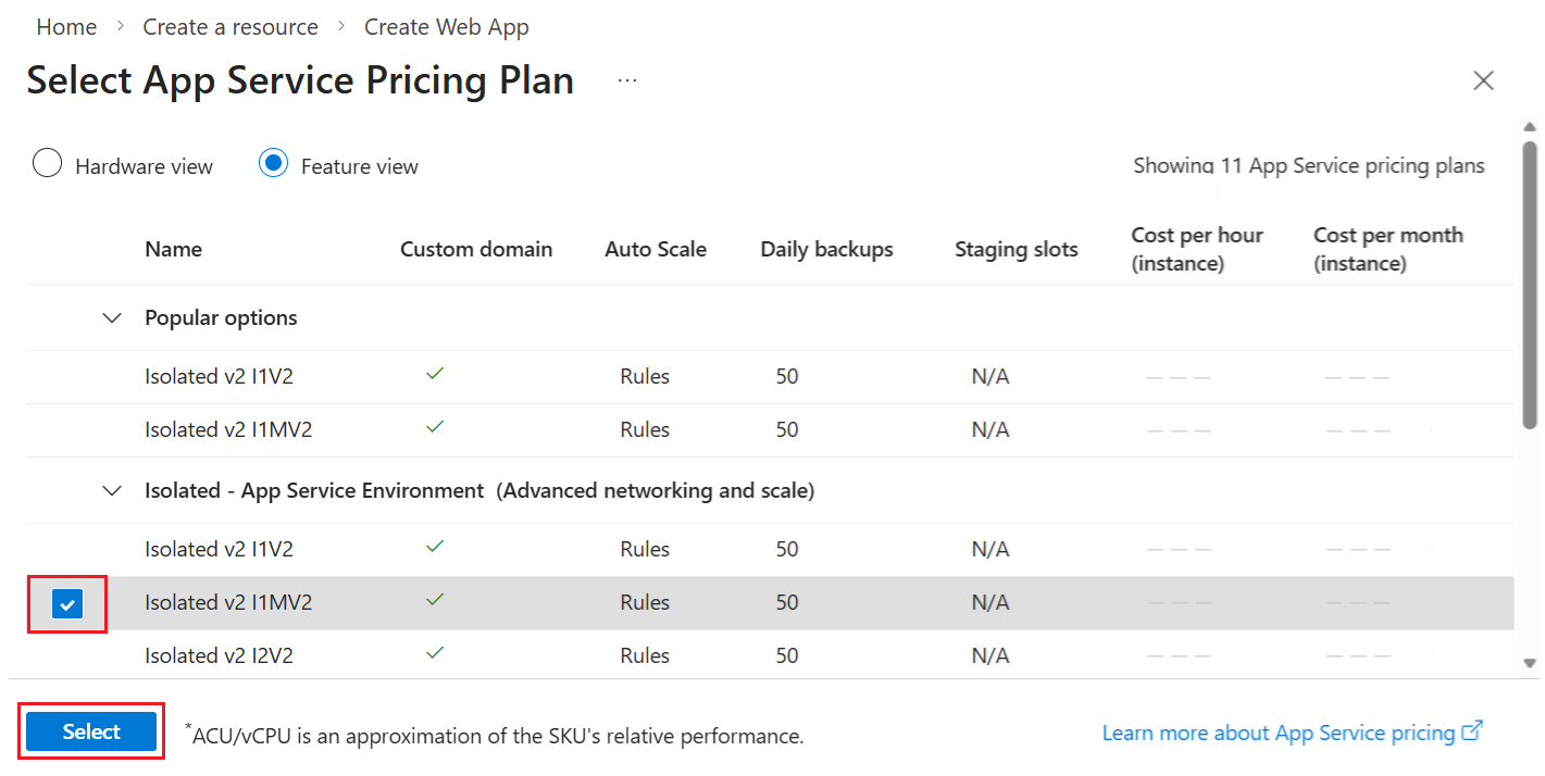Captura de tela que mostra os tipos de preços do plano do Plano do Serviço de Aplicativo com seus recursos e hardware no portal do Azure.