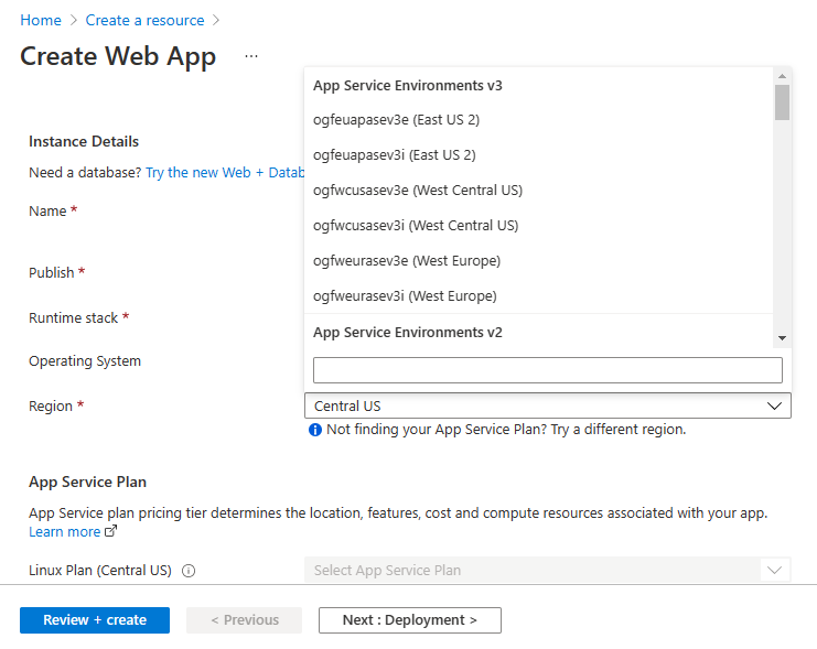 Captura de tela que mostra como criar um aplicativo em um Ambiente do Serviço de Aplicativo.