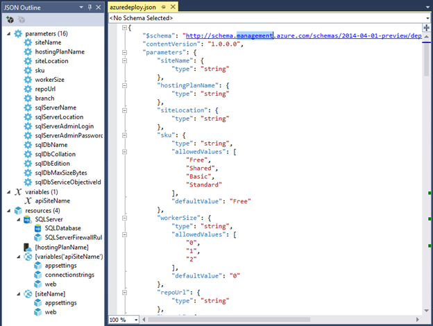 Shows the JSON Outline pane in Visual Studio.
