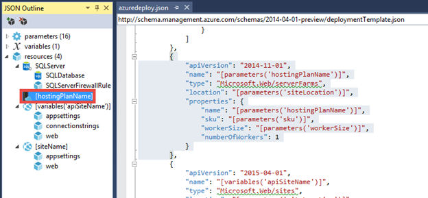 Shows the [hostingPlanName] section of the JSON code.