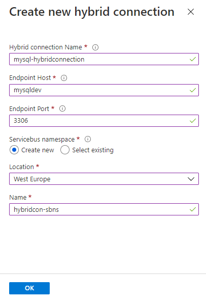 Screenshot of Create new hybrid connection dialog box.