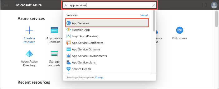 Captura de tela que mostra a seleção de Serviços de Aplicativos.