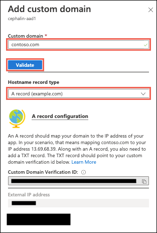 Captura de tela que mostra como adicionar um nome DNS ao aplicativo.