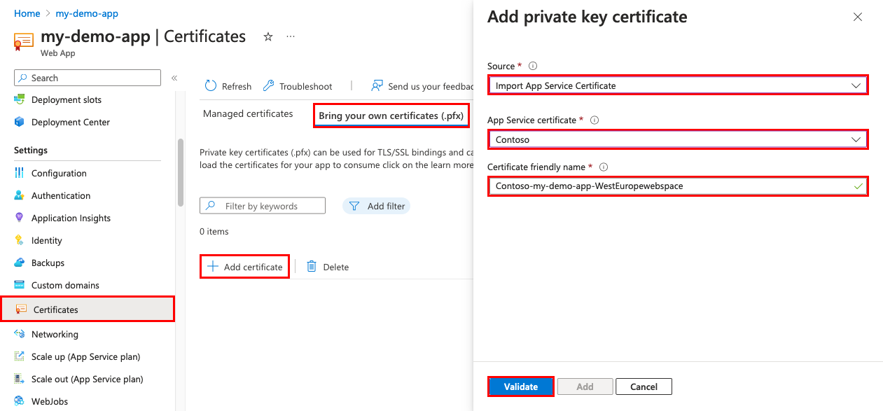 Captura de tela da página de gerenciamento do aplicativo com “Certificados”, “Traga seus certificados (.pfx)” e “Importar Certificado do Serviço de Aplicativo” selecionados e a página completa “Adicionar certificado de chave privada” com o botão **Validar**