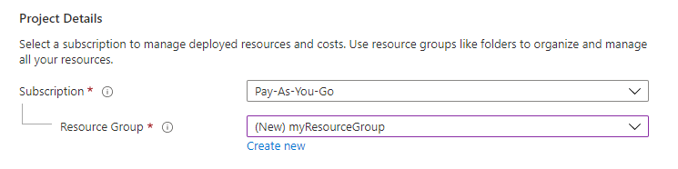 Captura de tela da seção Detalhes do projeto mostrando onde você seleciona a assinatura do Azure e o grupo de recursos do aplicativo Web