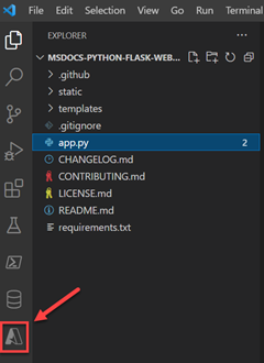 Captura de tela do ícone Ferramentas do Azure na barra de ferramentas esquerda do VS Code.