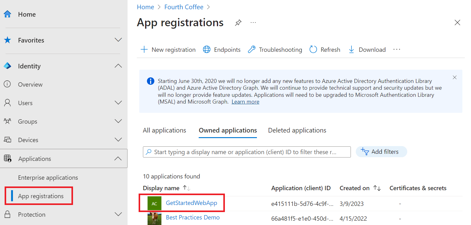 Captura de tela que mostra a seleção do registro de aplicativo.
