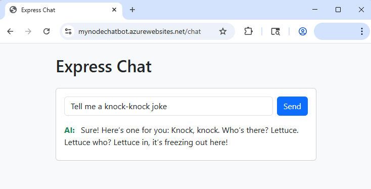 Captura de tela mostrando o chatbot em execução no Serviço de Aplicativo do Azure.