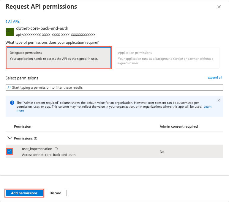 Captura de tela da página Solicitar permissões de API que mostra as permissões Delegadas, user_impersonation e o botão Adicionar permissão selecionado.