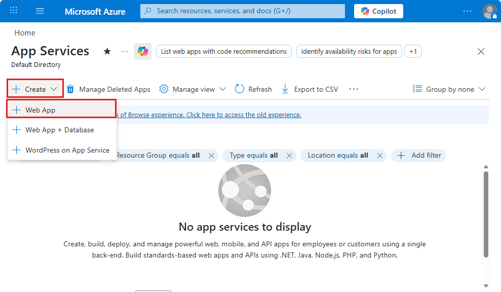 Uma captura de tela mostrando como usar a caixa de pesquisa na barra de ferramentas superior para encontrar o assistente de criação do Aplicativo Web.