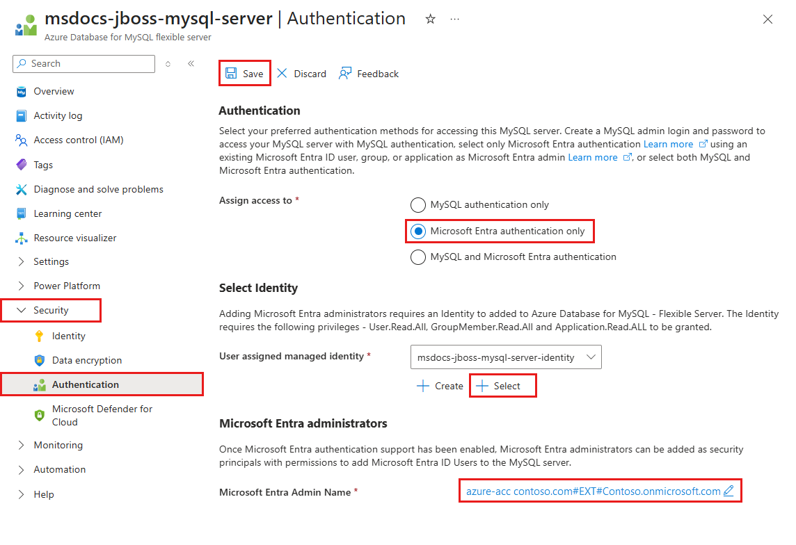 Uma captura de tela mostrando como configurar a autenticação do Microsoft Entra para o Servidor Flexível do Banco de Dados do Azure para MySQL.
