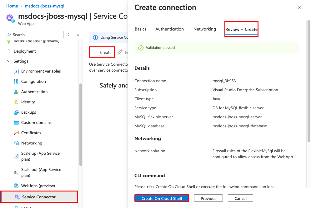 Uma captura de tela mostrando um conector de serviço completamente configurado, pronto para ser criado com o Cloud Shell.