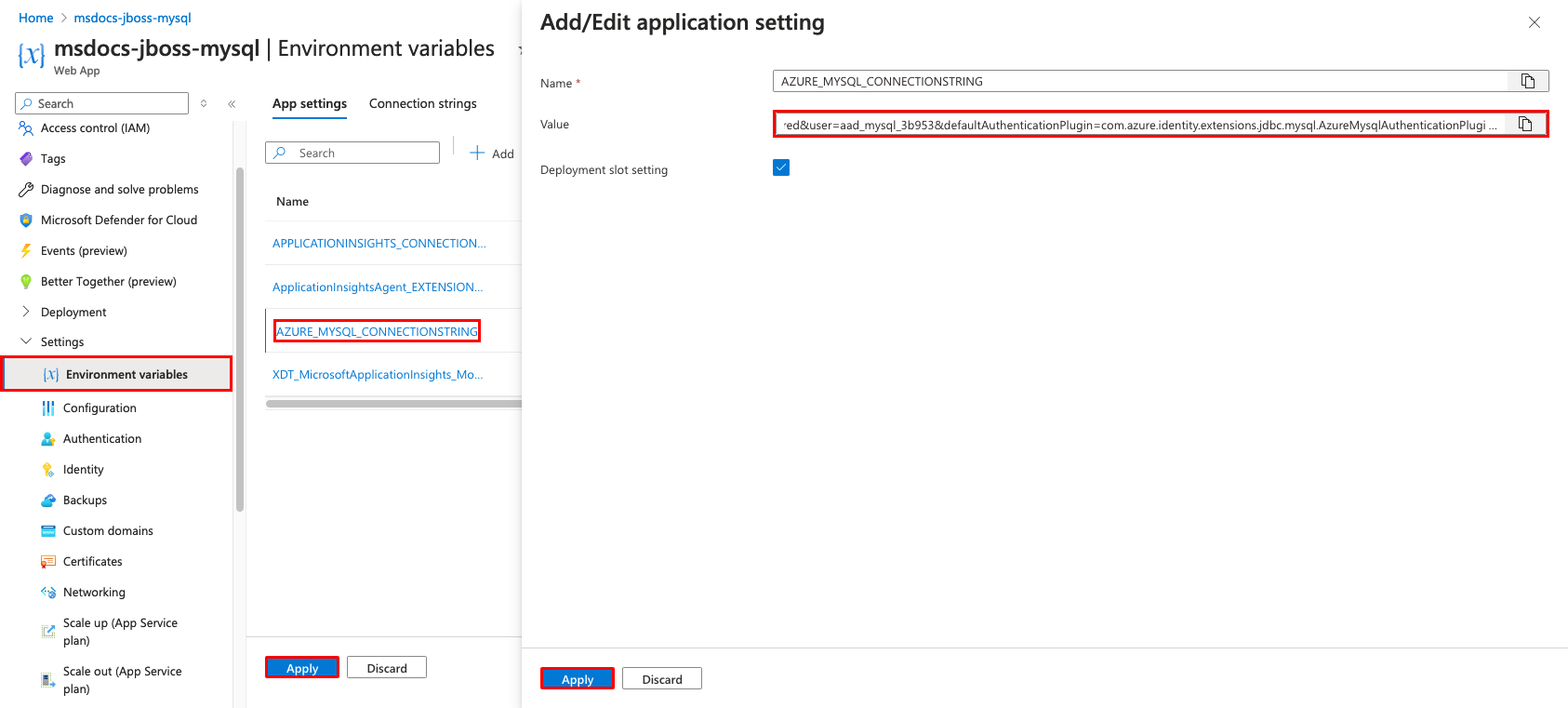 Uma captura de tela mostrando como alterar o valor da variável de ambiente MySQL no Azure.