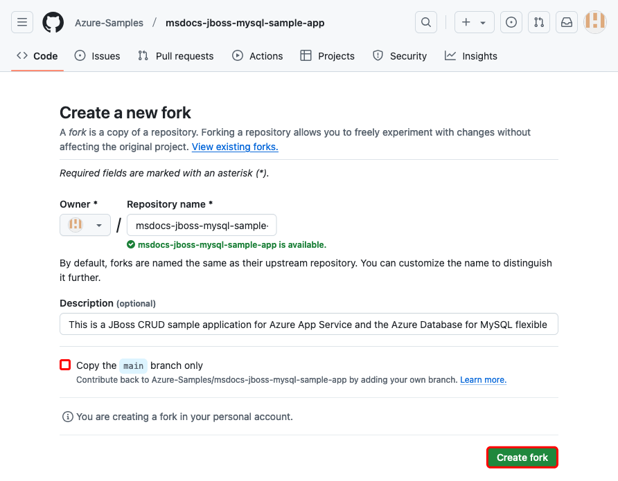Uma captura de tela que mostra como criar um fork do repositório do GitHub de exemplo.