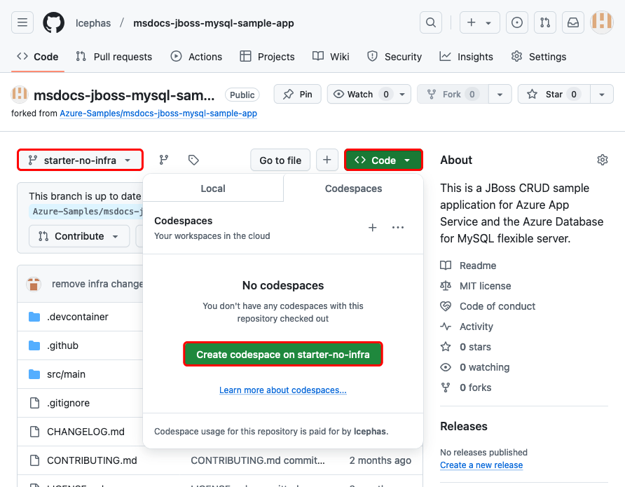 Uma captura de tela mostrando como criar um codespace no GitHub.