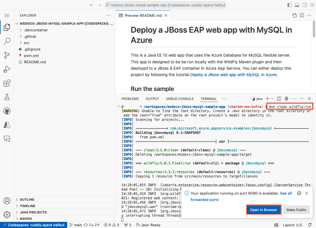Uma captura de tela mostrando como executar o aplicativo de exemplo dentro do codespace do GitHub.