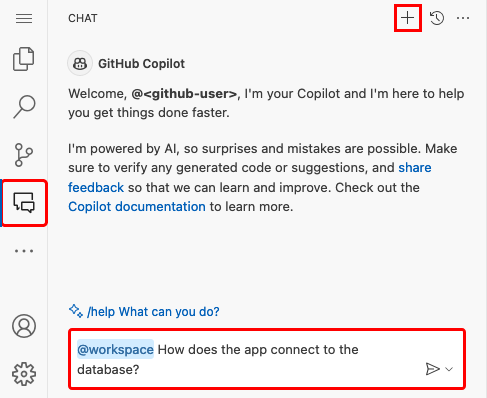 Uma captura de tela mostrando como fazer uma pergunta em uma nova sessão de chat do GitHub Copilot.